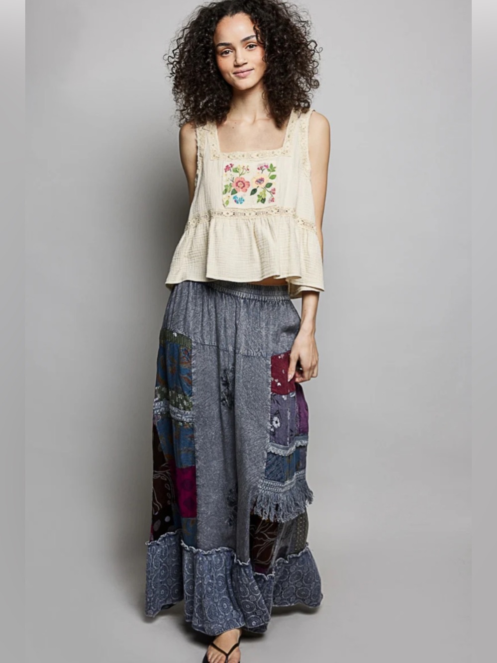 POL Patchwork Maxi Skirt in Gray with Multicolor Panels Ruffle Hem Sz Large